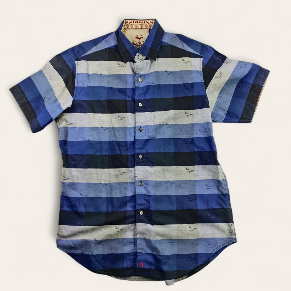 Robert Graham Mens M Blue Graduation Plaid Shirt Luxury Designer Embroidery Rare